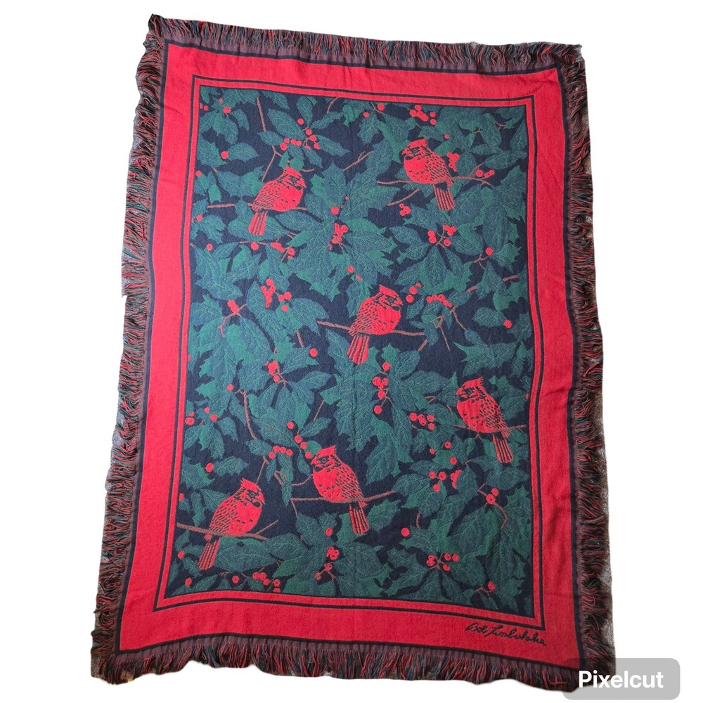 Vintage Cardinal Holly Tapestry Throw Sofa Blanket Christmas Yule Holiday‎ USA - Picture 2 of 4